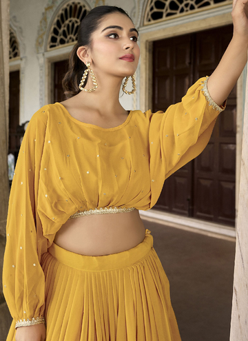 Georgette Embroidered Designer Haldi Special Yellow Crop Top Lehenga